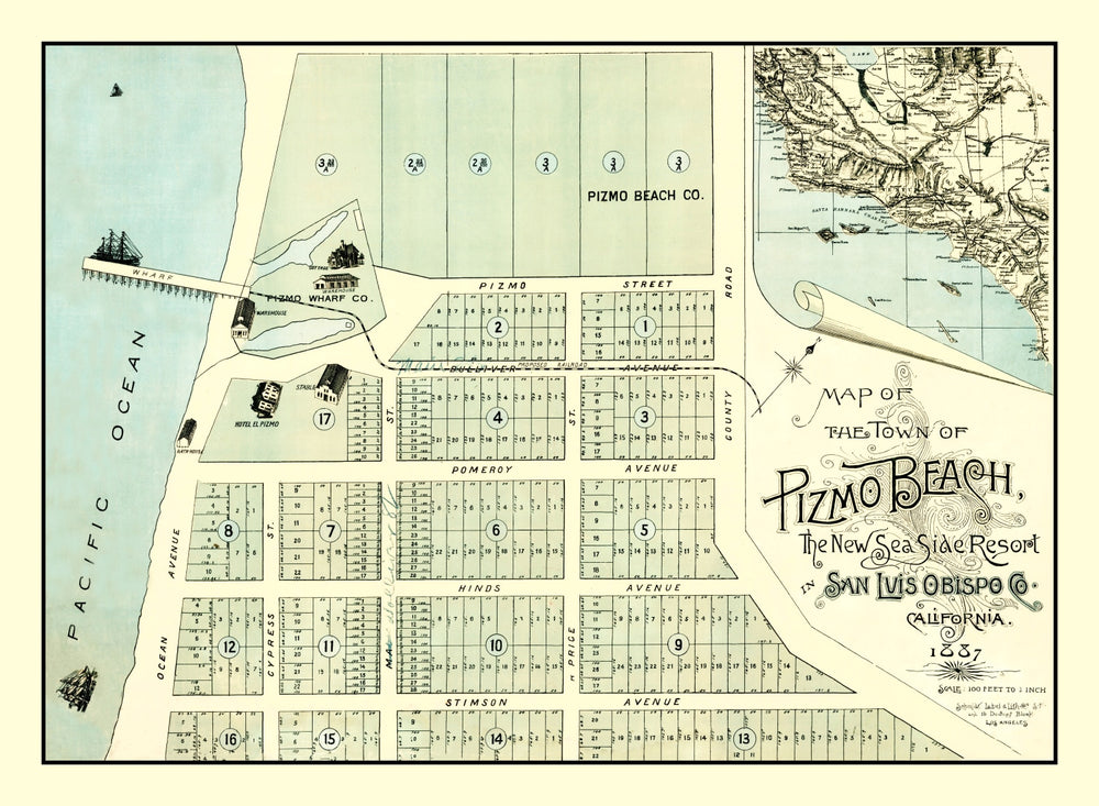 Vintage Map of Pizmo Beach, California 1887 print style example