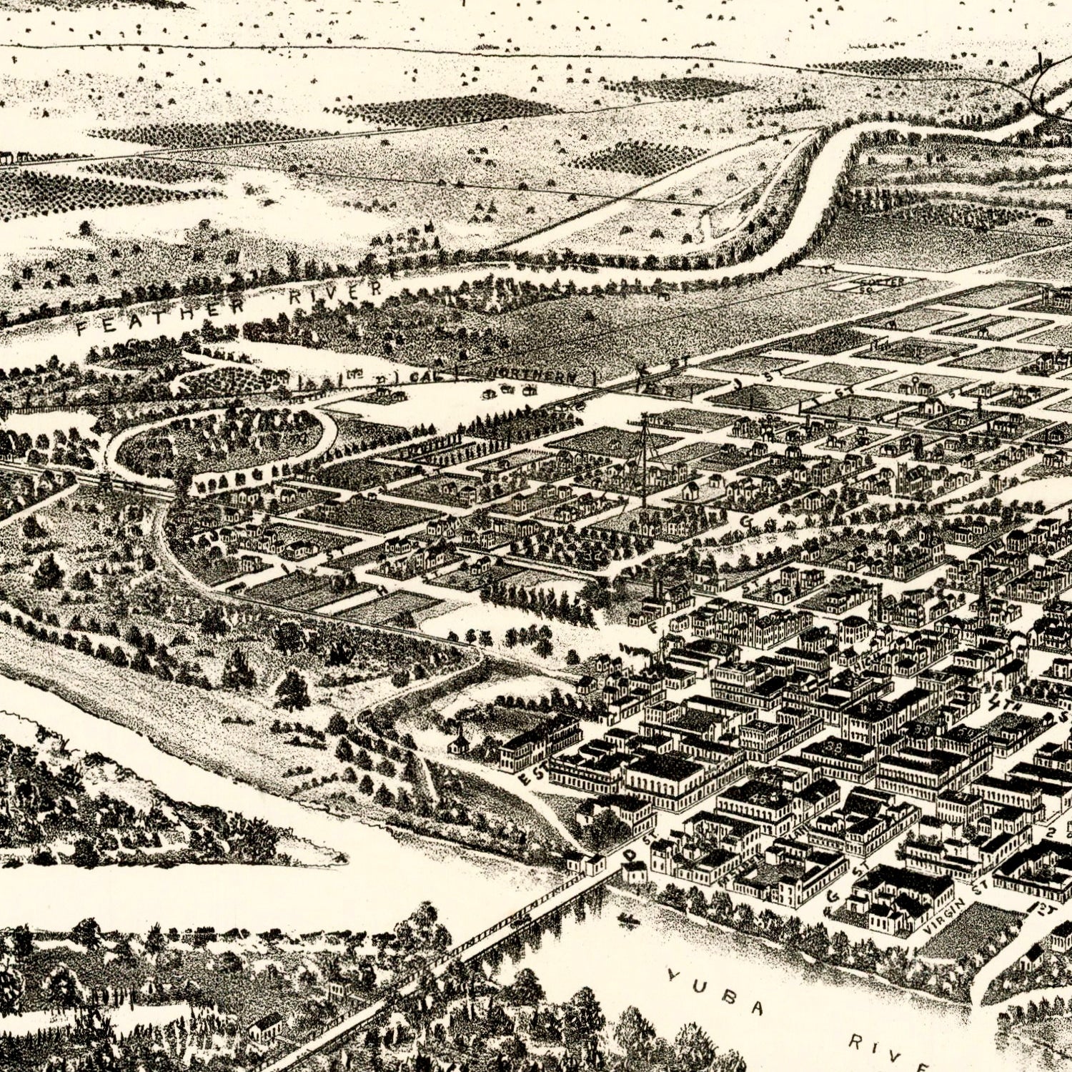 Restored historic details from the 1888 city map of Marysville & Yuba City, California
