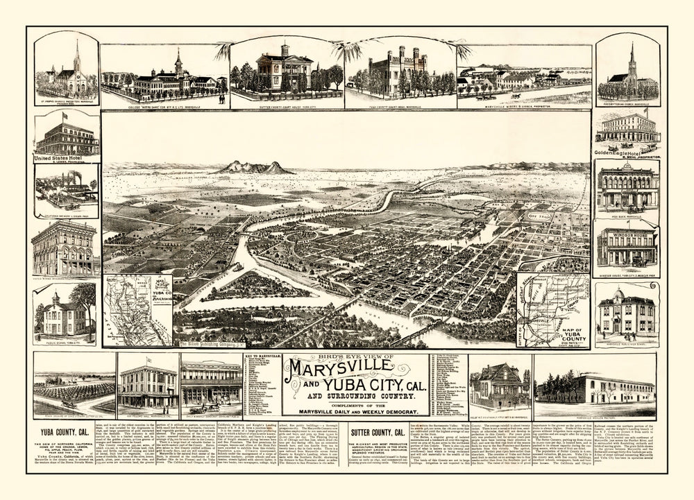 Vintage Map of Marysville & Yuba City, California 1888 print style example