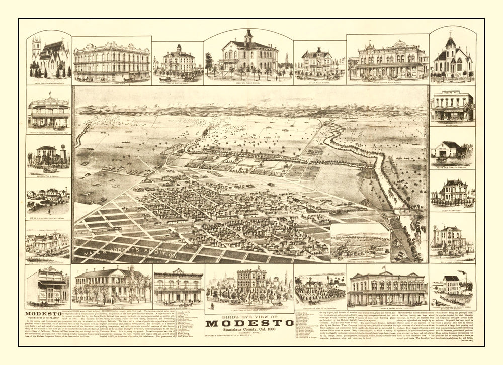 Vintage Map of Modesto, California 1888 print style example