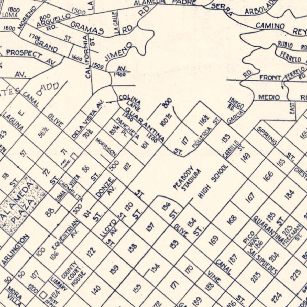 Restored historic details from the 1920 city map of Santa Barbara, California