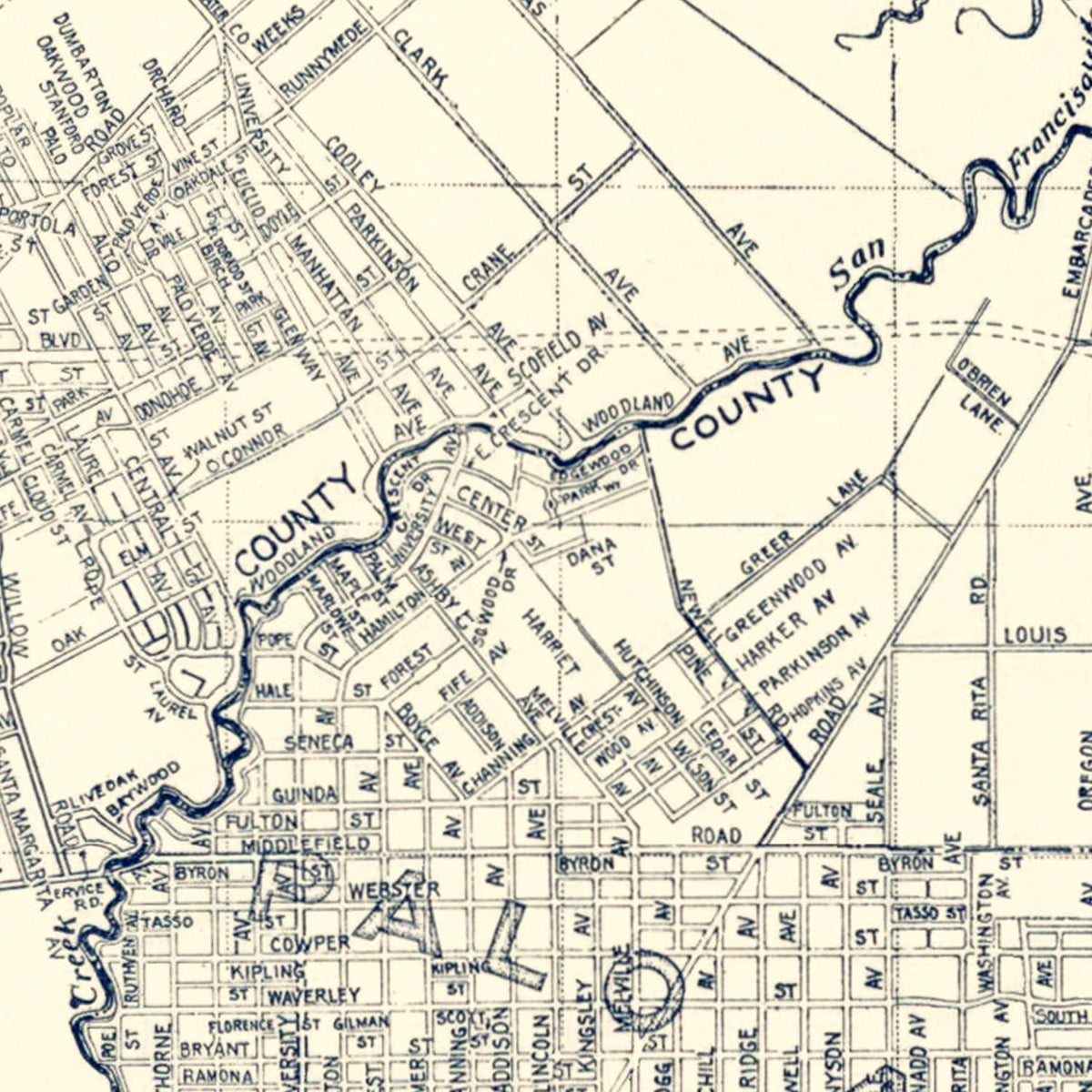 Restored historic details from the 1920 city map of Palo Alto, California