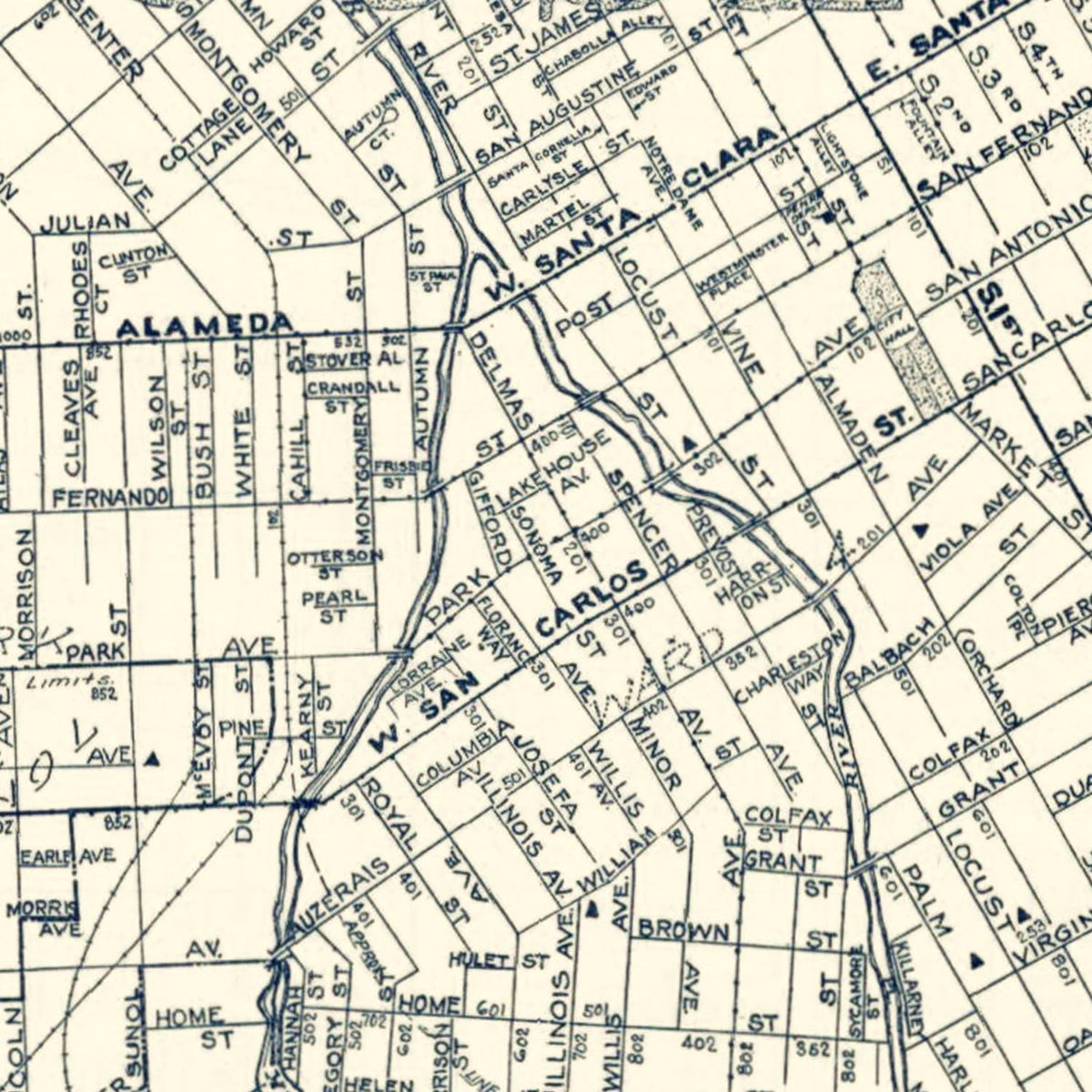 Restored historic details from the 1920 city map of San Jose, California