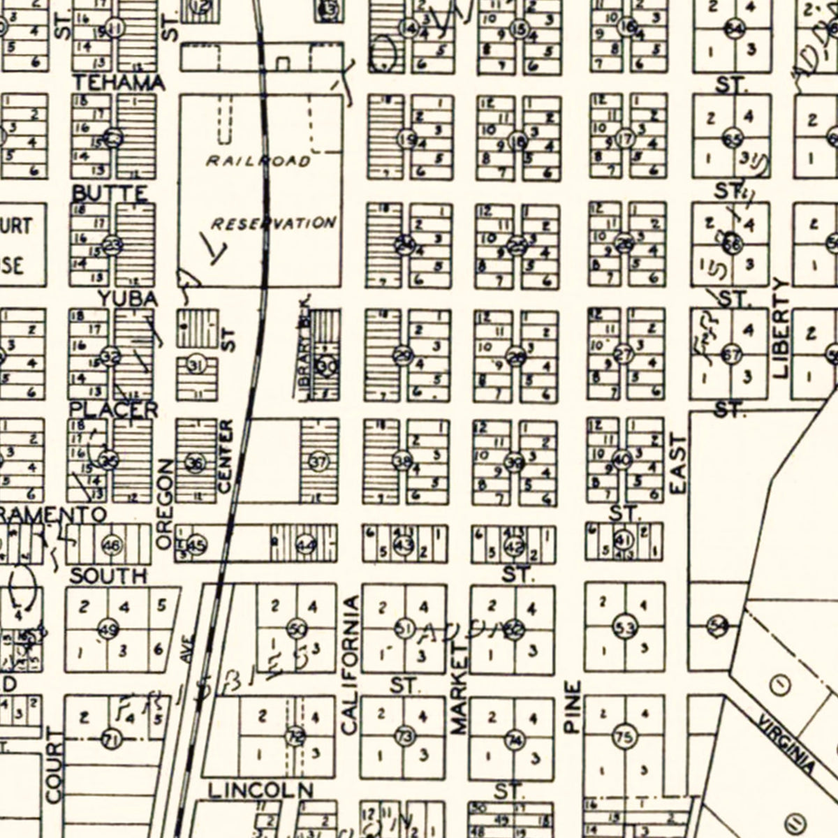 Restored historic details from the 1920 city map of Redding, California