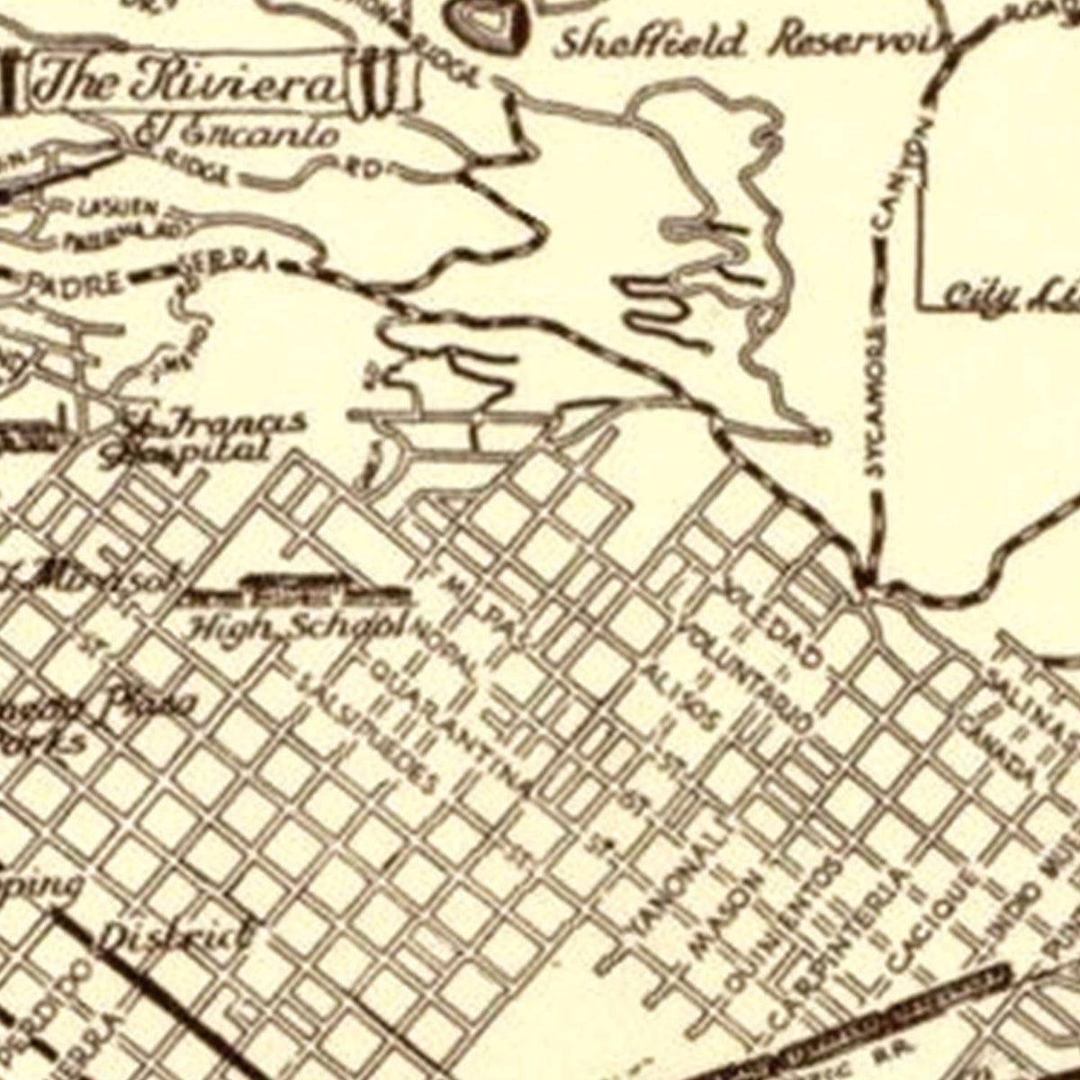 Restored historic details from the 1930 city map of Santa Barbara, California