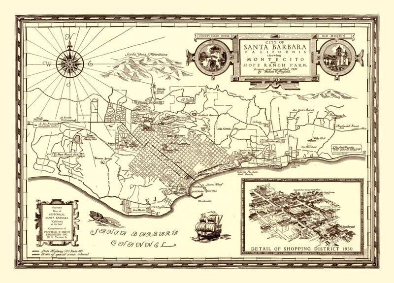 Size comparison using Vintage Map of Santa Barbara, California 1930