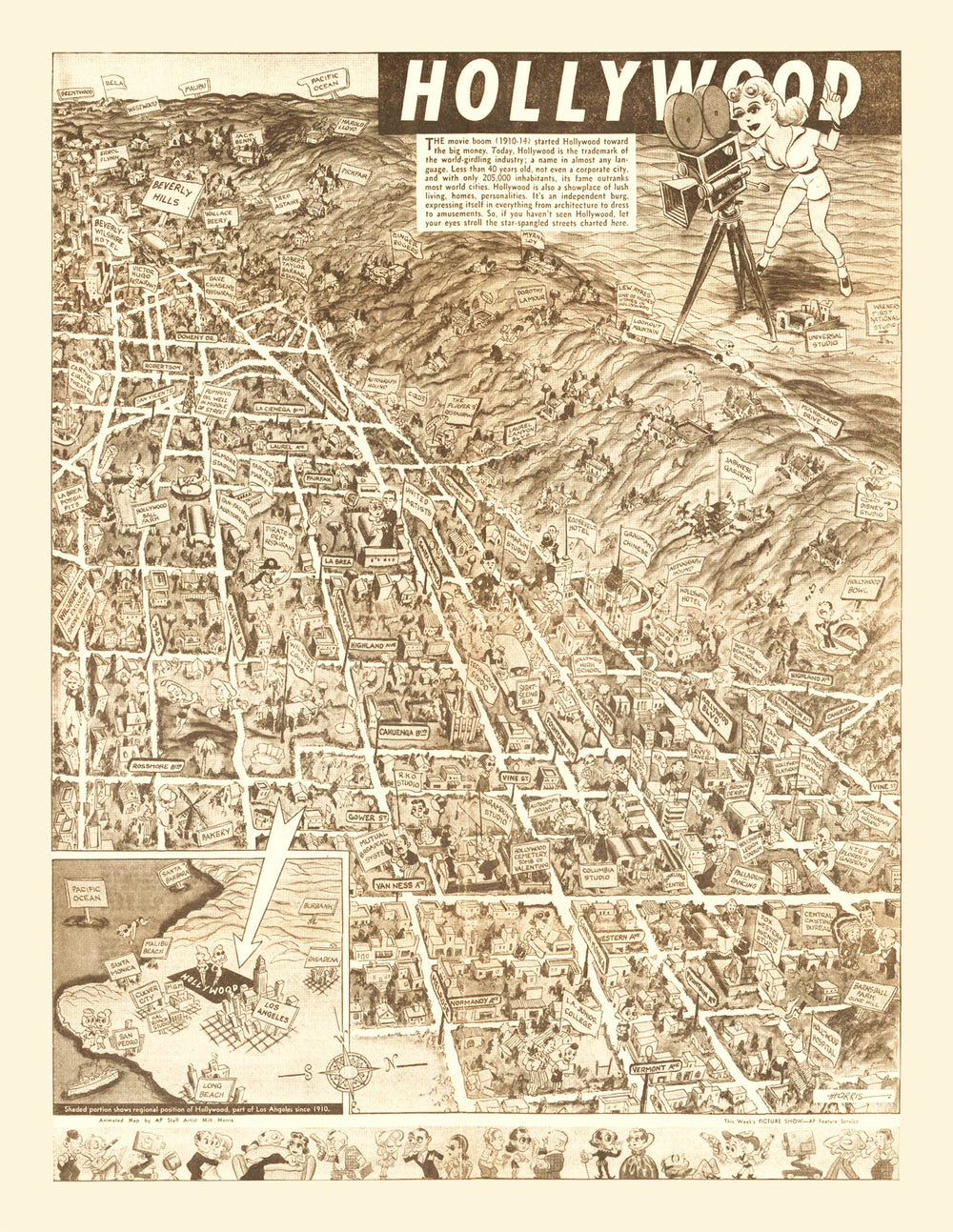 Vintage Map of Hollywood, California 1940 print style example