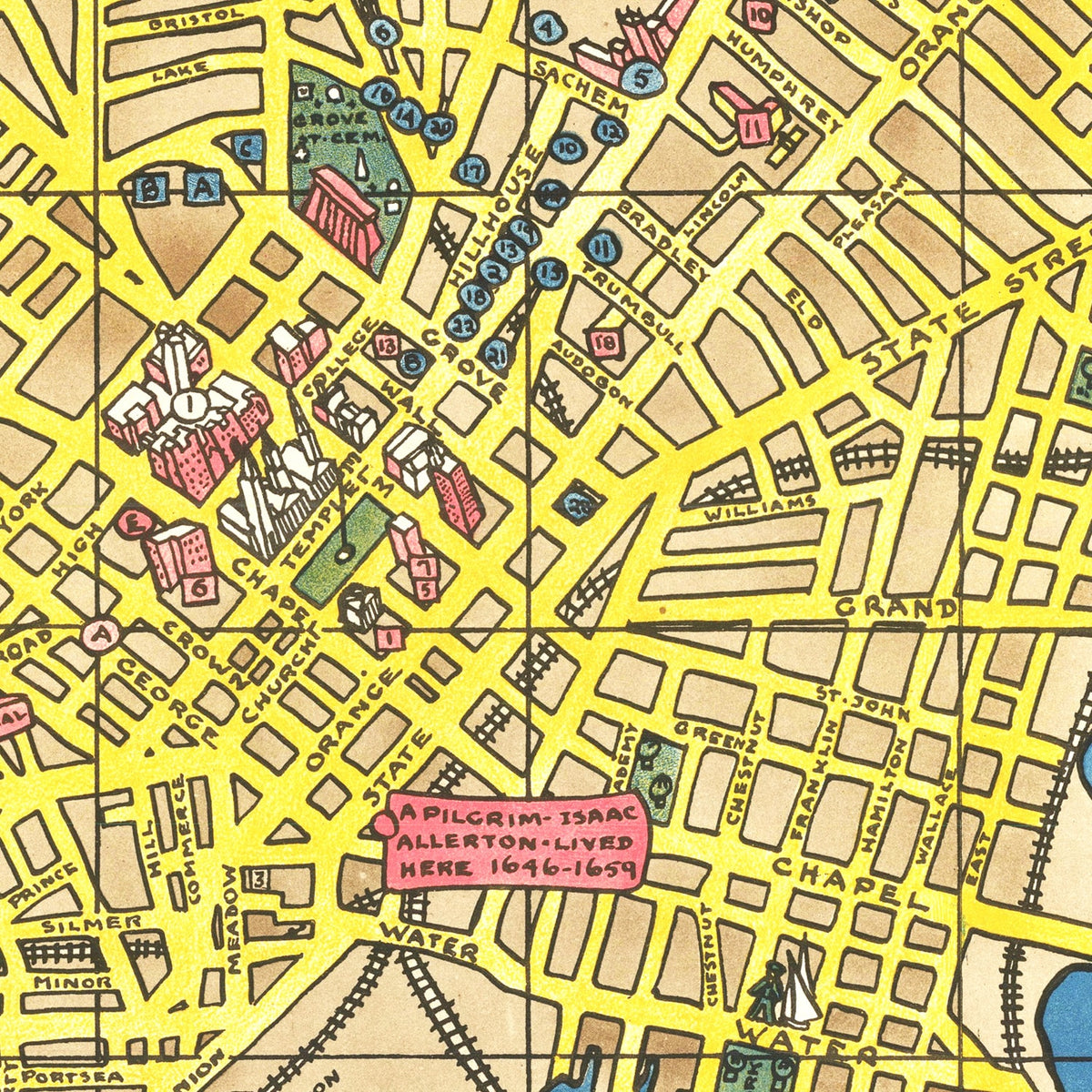 Restored historic details from the 1928 city map of New Haven, Connecticut
