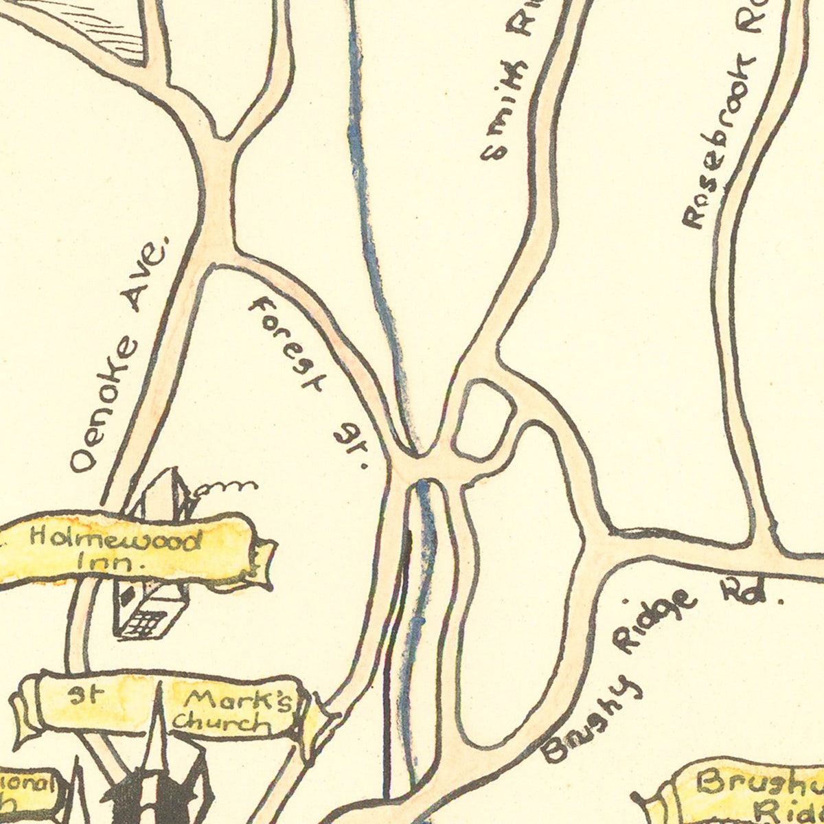 Restored historic details from the 1930 city map of New Canaan, Connecticut