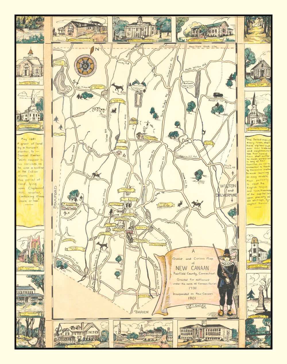 Vintage Map of New Canaan, Connecticut 1930 print style example