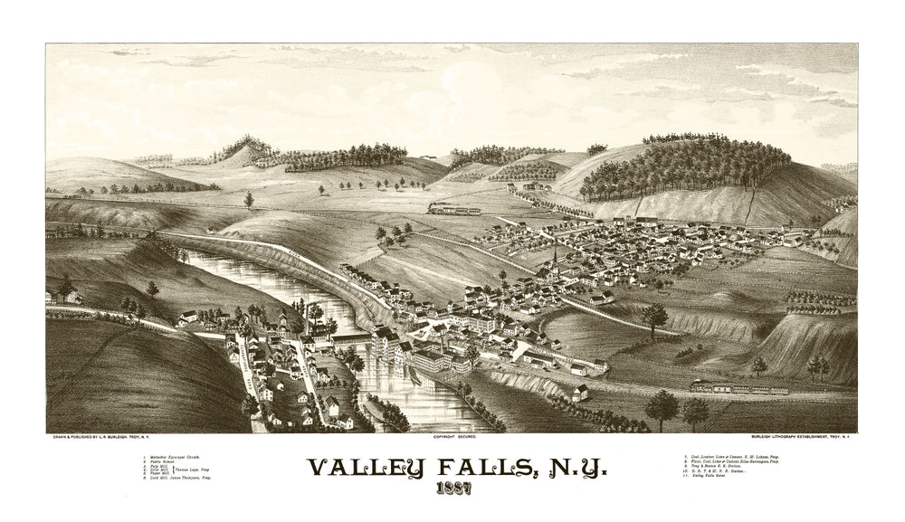 Vintage Map of Valley Falls, New York 1887 print style example