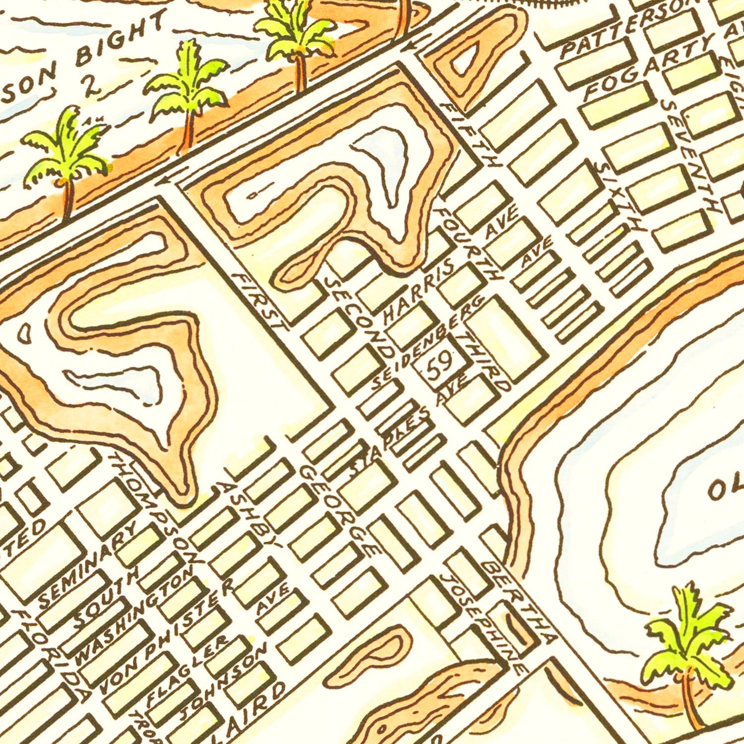 Restored historic details from the 1940 city map of Key West, Florida
