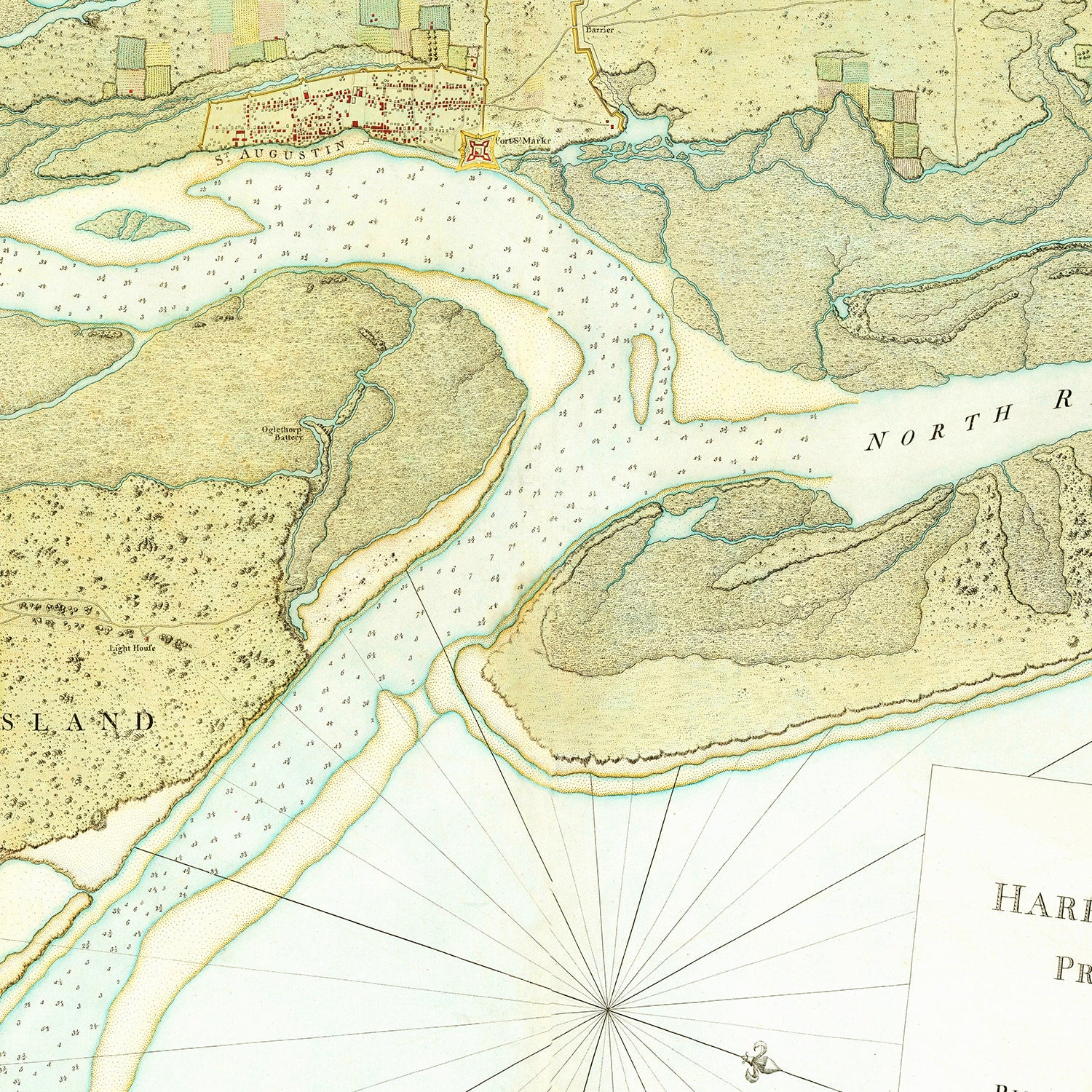 Restored historic details from the 1780 coastline map of St. Augustine, Georgia