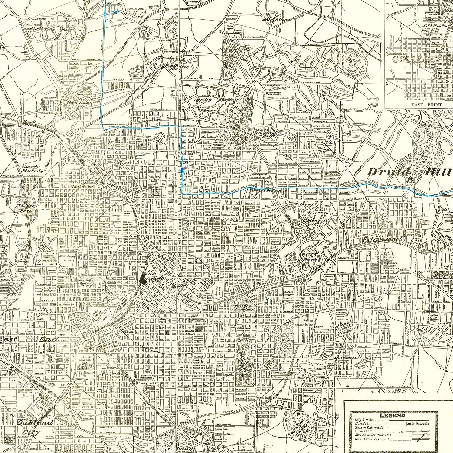 Restored historic details from the 1947 city map of Atlanta, Georgia