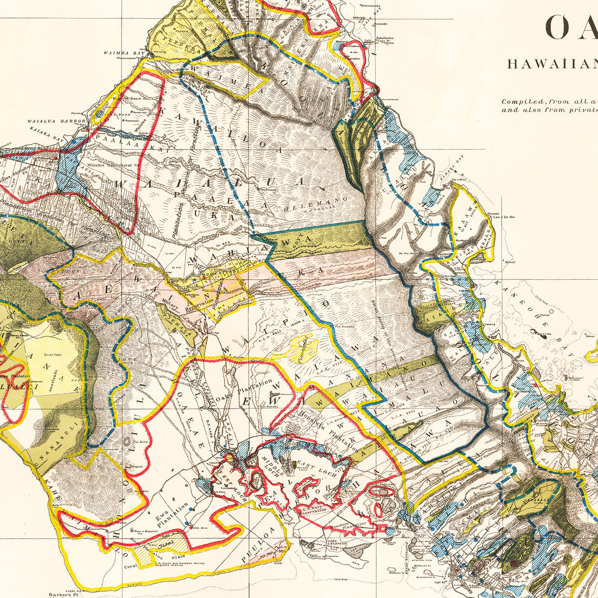 Restored historic details from the 1902 island map of Oahu, Hawaii