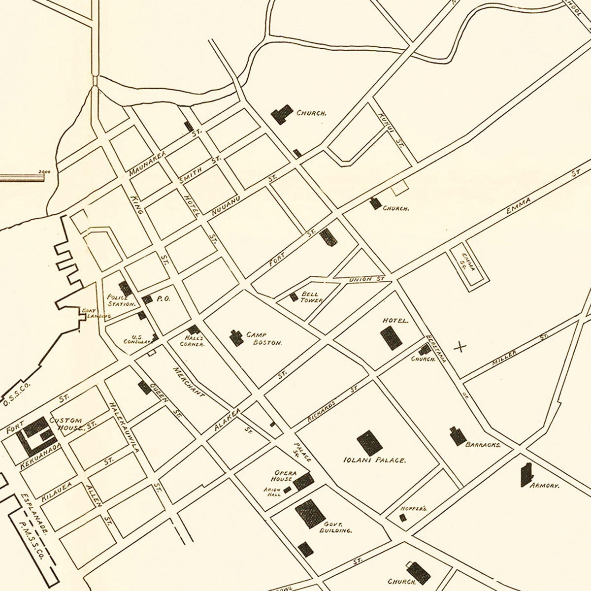 Restored historic details from the 1893 city map of Honolulu, Hawaii