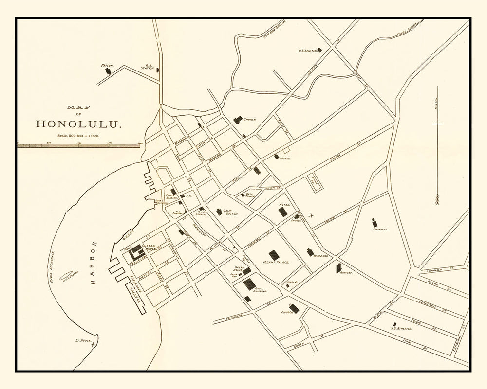 Vintage Map of Honolulu, Hawaii 1893 print style example