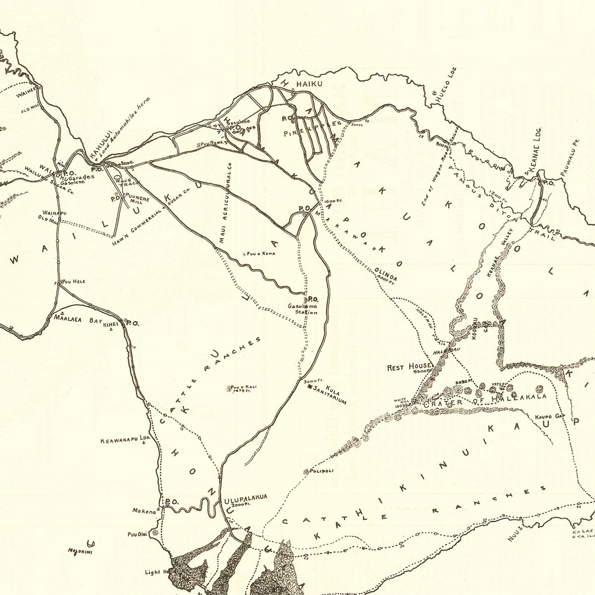 Restored historic details from the 1924 island map of Maui County, Hawaii