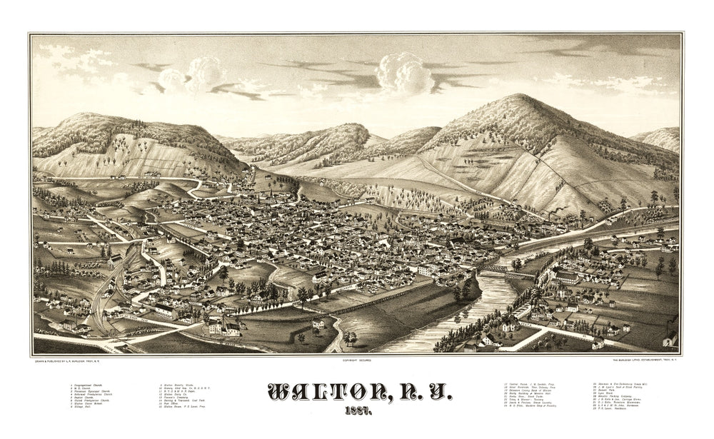 Vintage Map of Walton, New York 1887 print style example