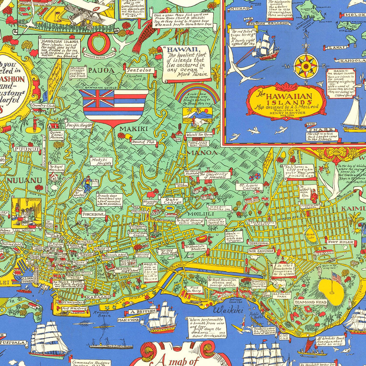 Restored historic details from the 1927 city map of Honolulu, Hawaii