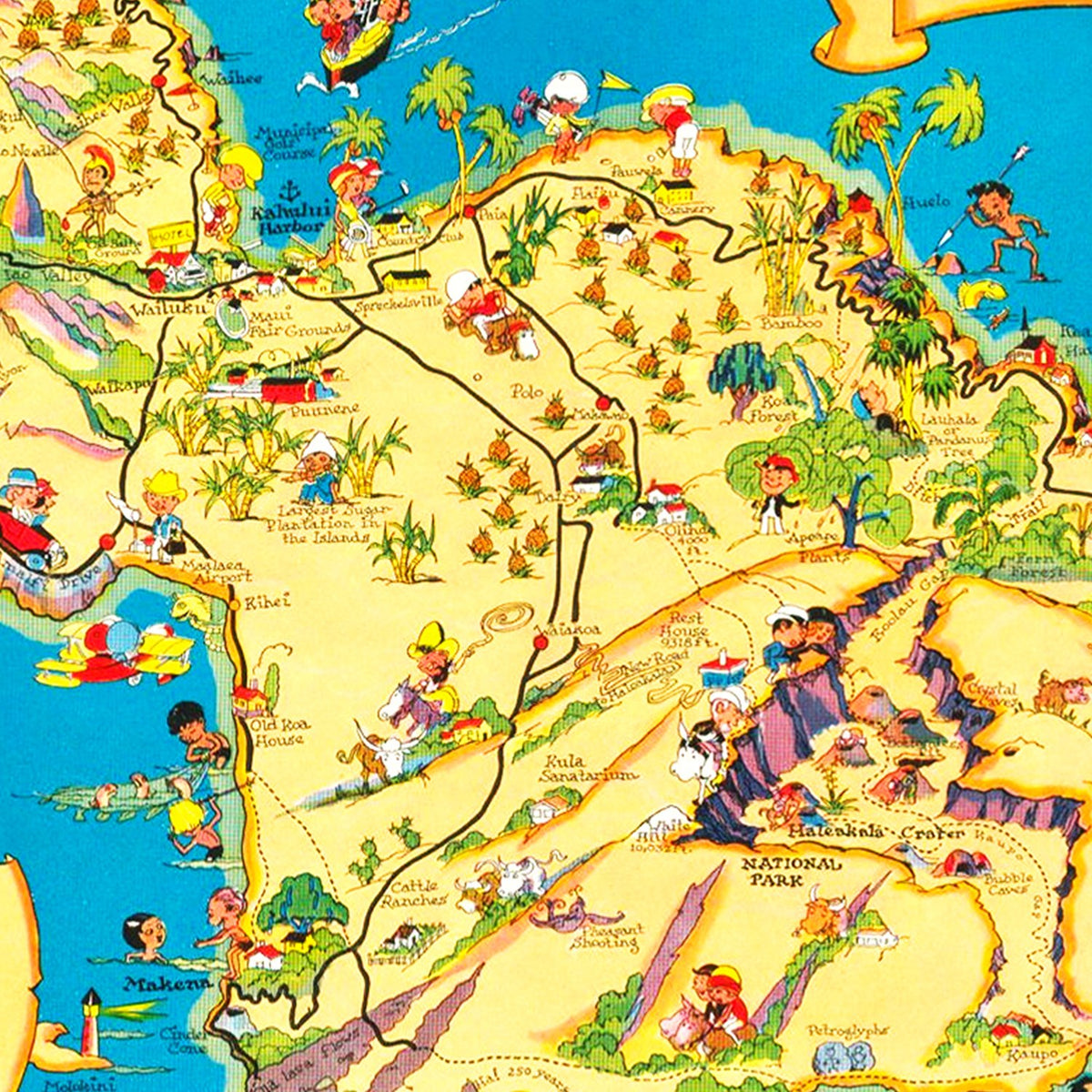 Restored historic details from the 1931 island map of Maui County, Hawaii