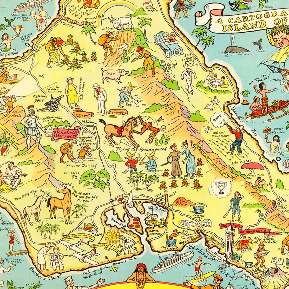 Restored historic details from the 1933 island map of Oahu, Hawaii