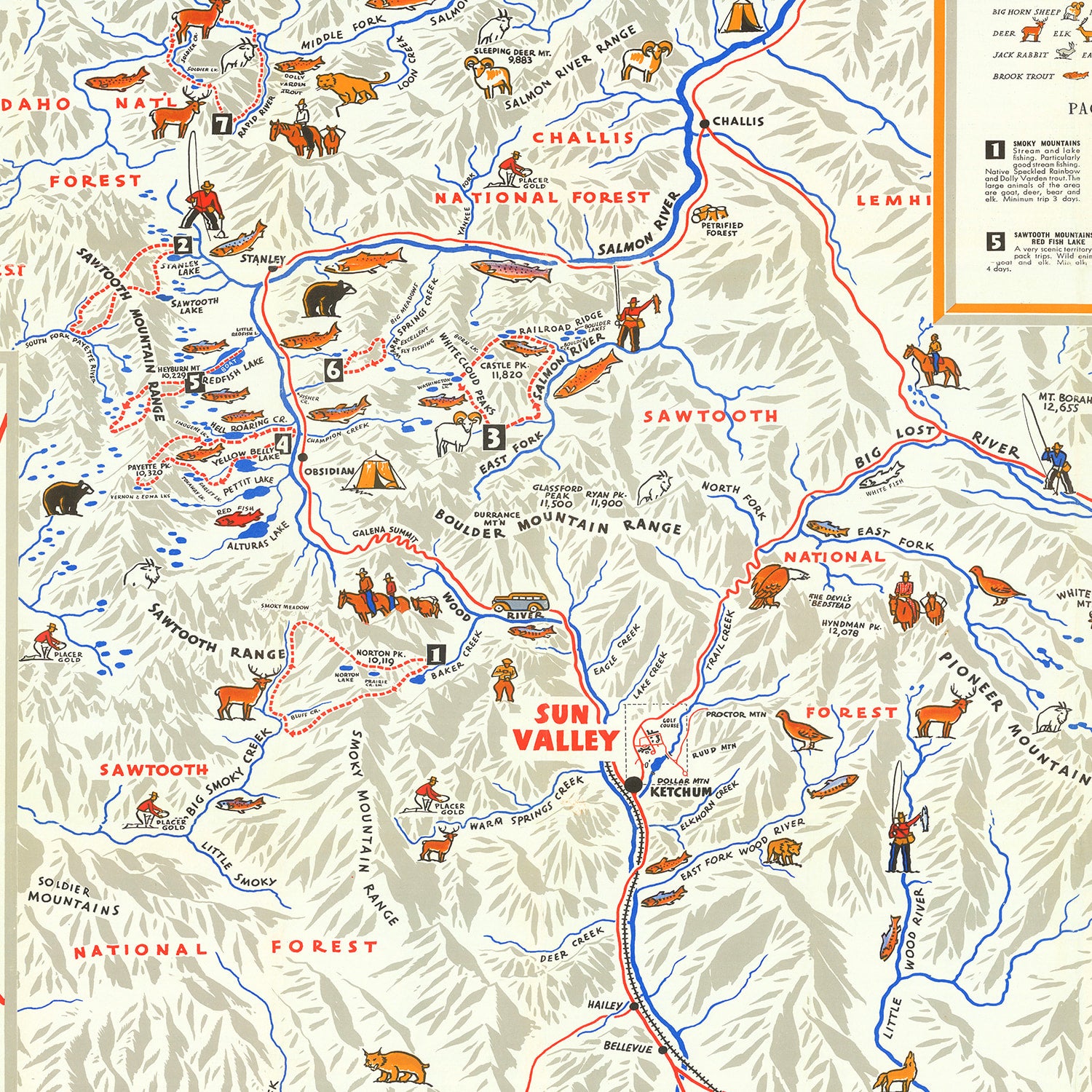 Restored historic details from the 1938 region map of Sun Valley, Idaho