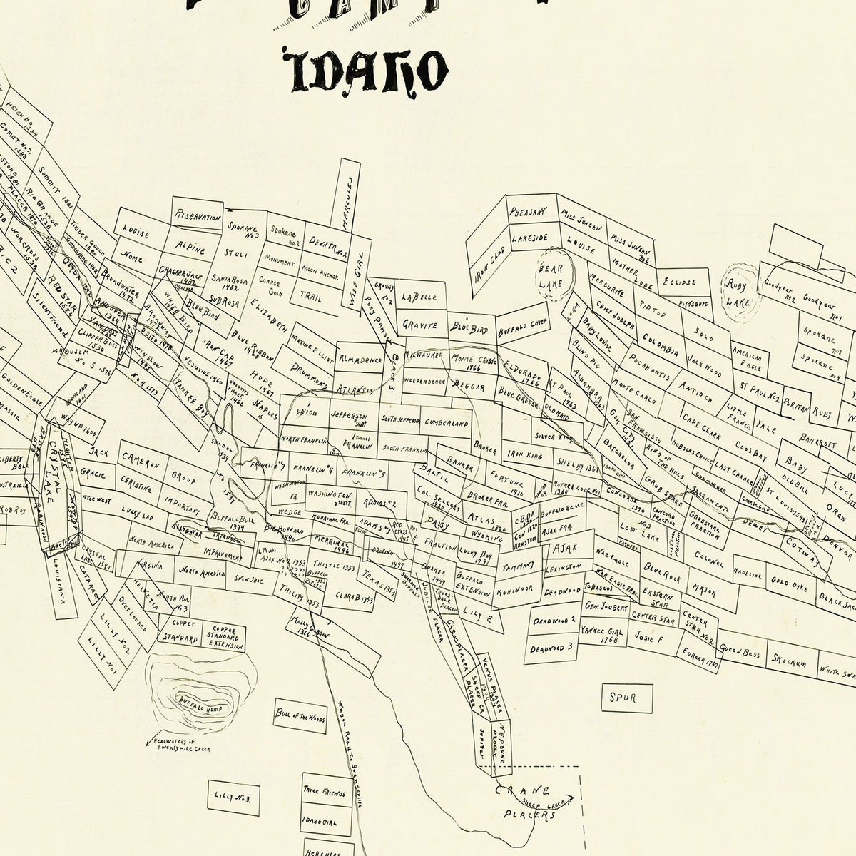 Restored historic details from the 1899 region map of County, Idaho