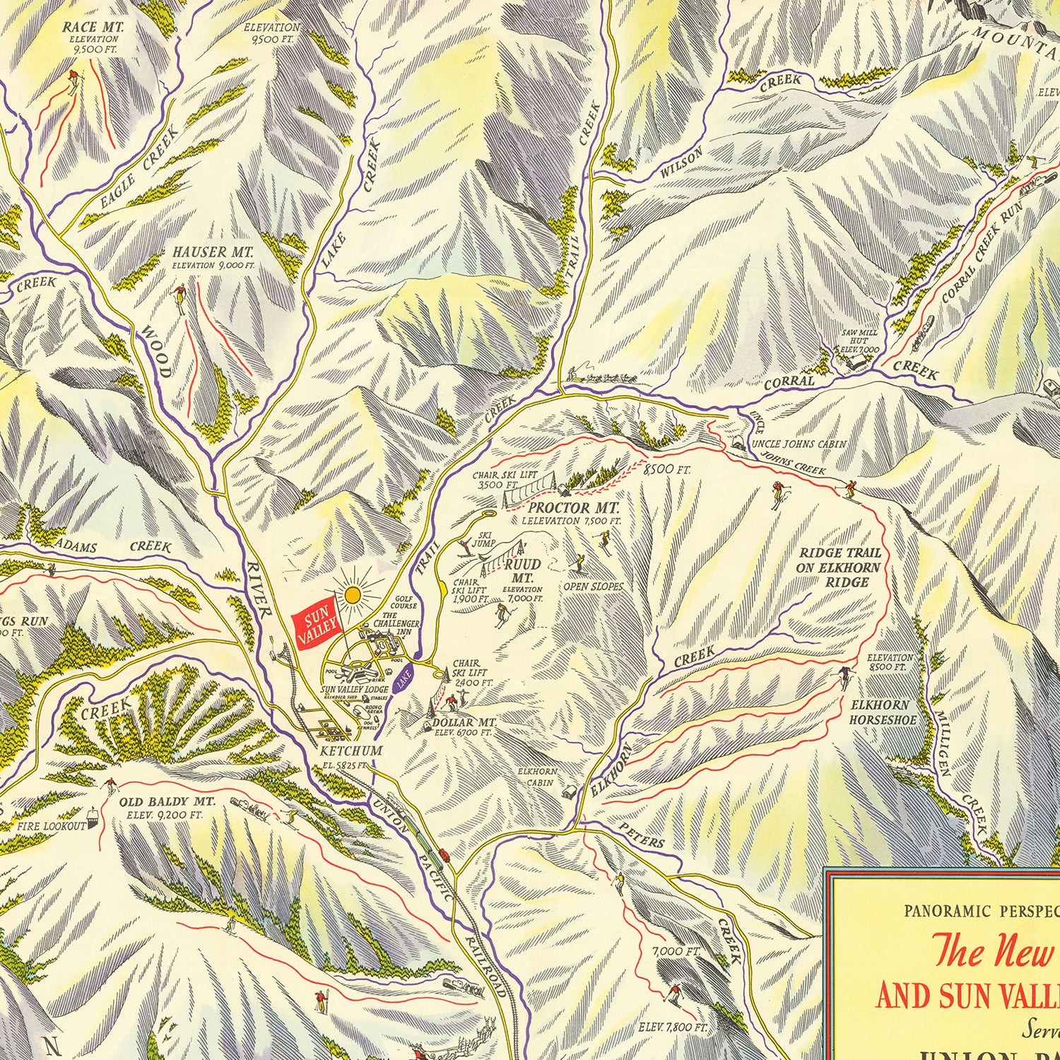 Restored historic details from the 1937 region map of Sun Valley, Idaho