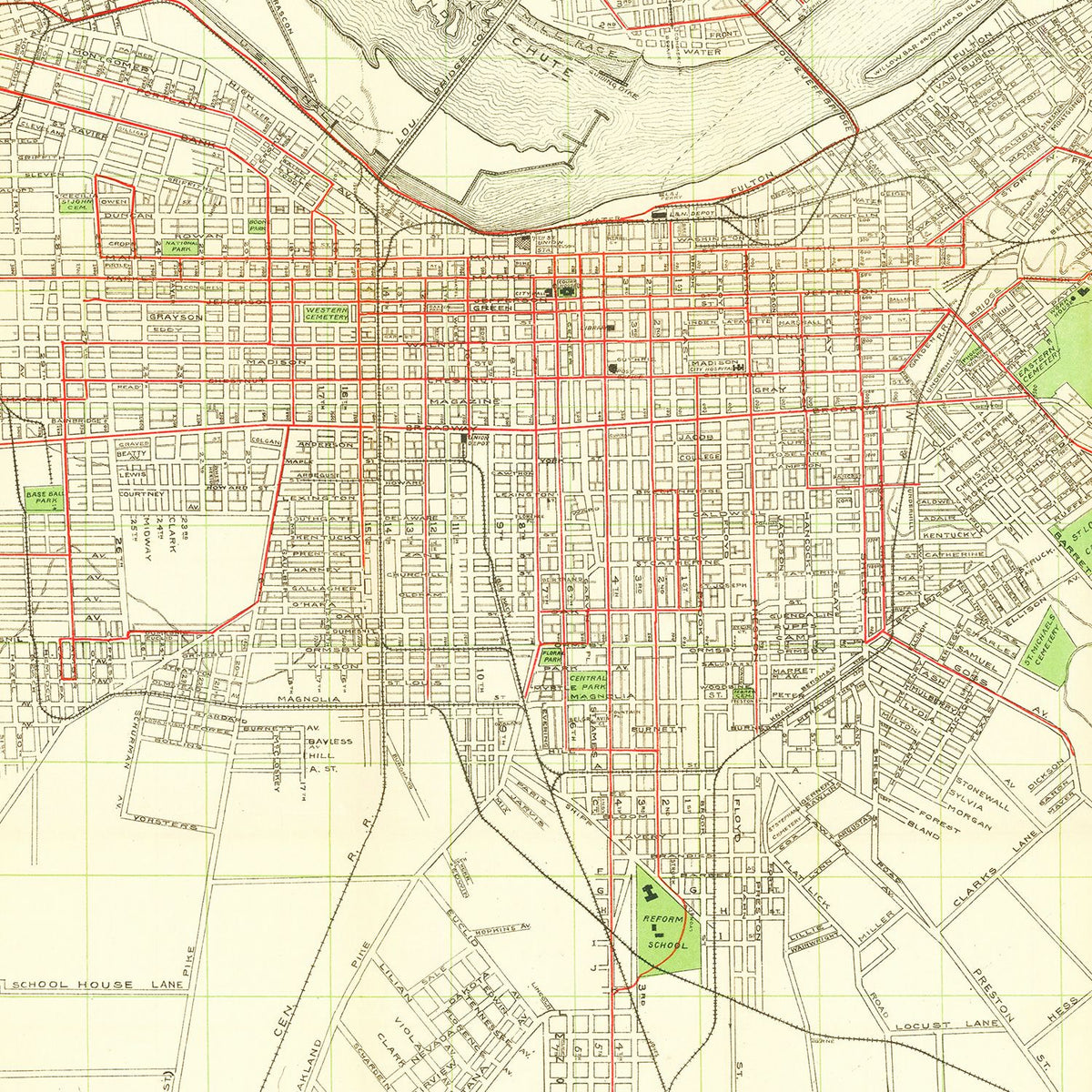 Restored historic details from the 1906 city map of Louisville, Kentucky