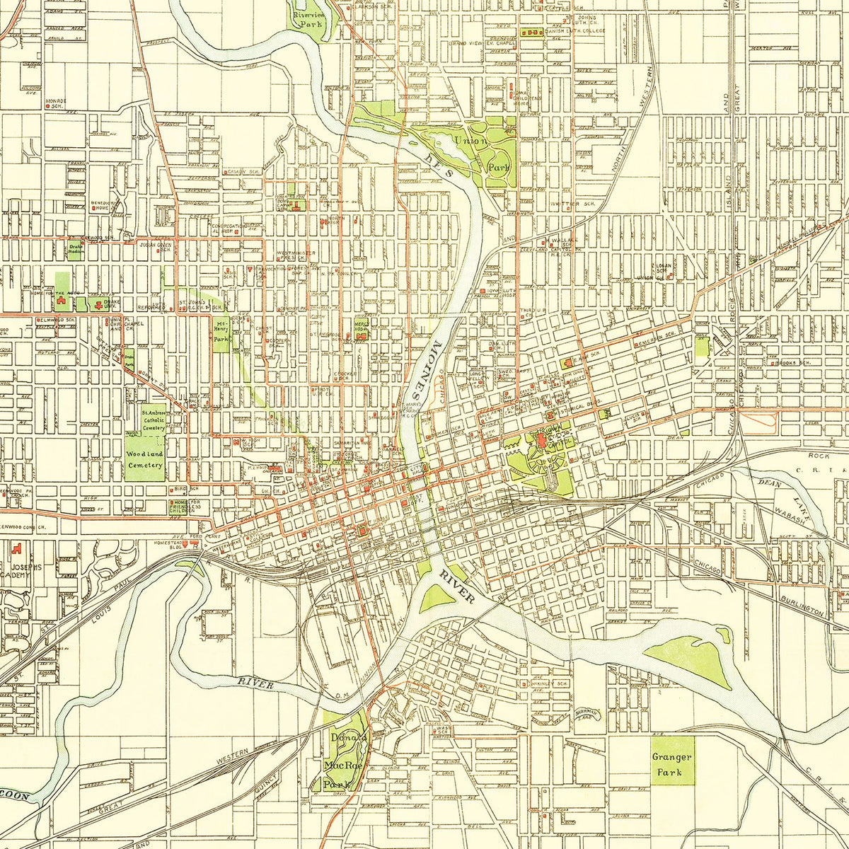 Restored historic details from the 1920 city map of Des Moines, Iowa