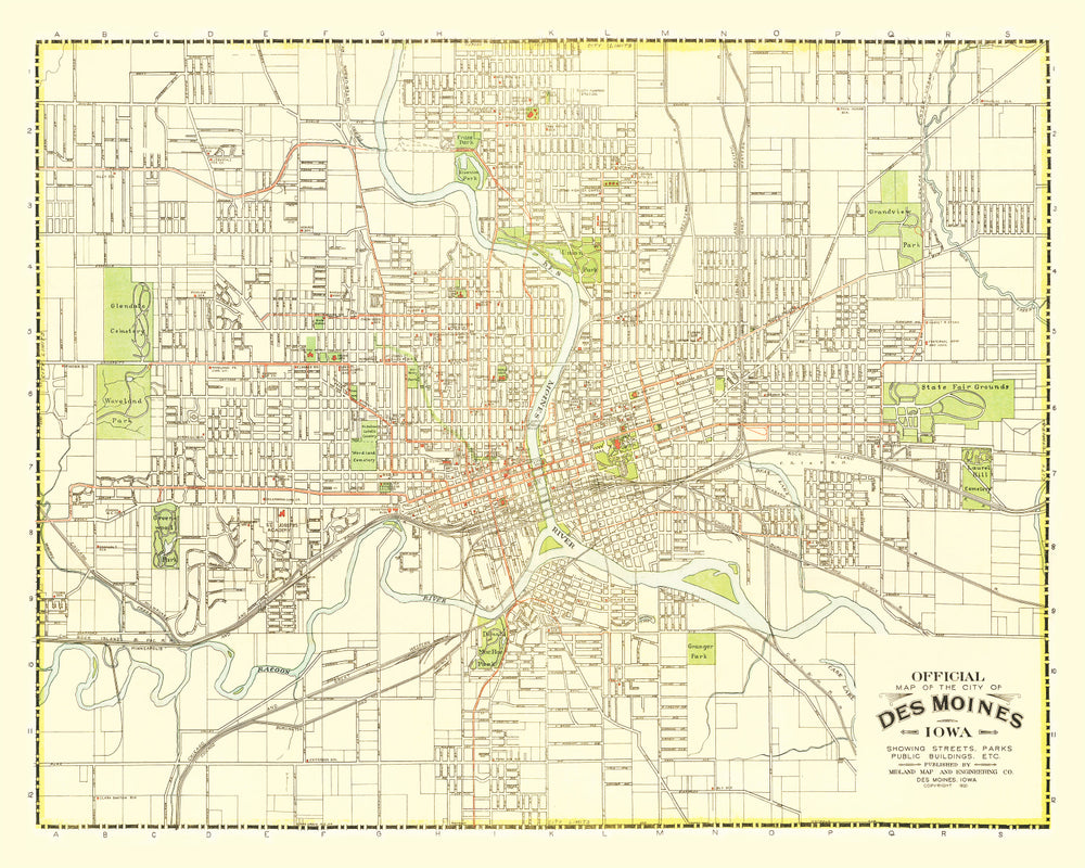 Vintage Map of Des Moines, Iowa 1920 print style example