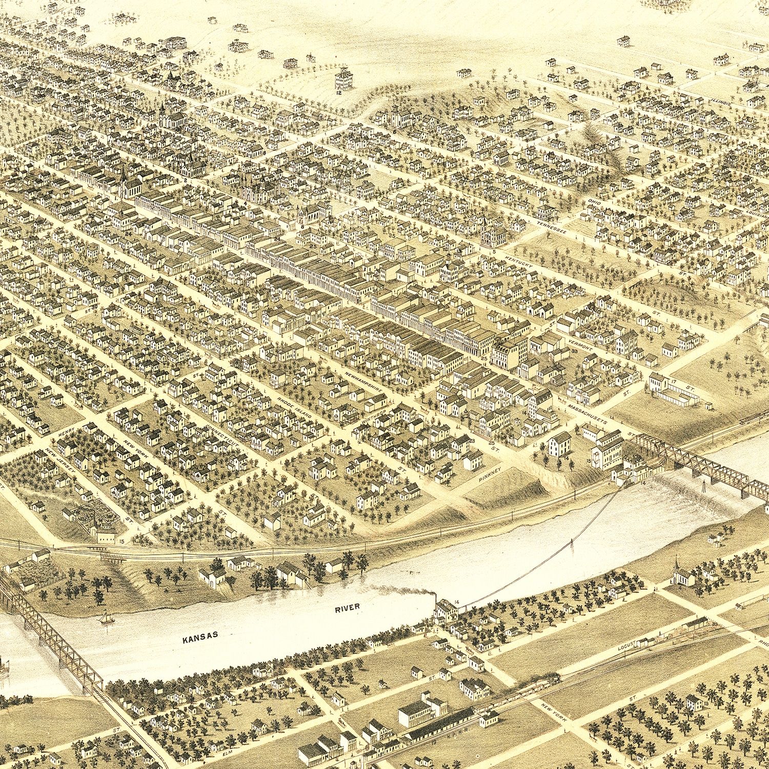 Restored historic details from the 1880 city map of Lawrence, Kansas