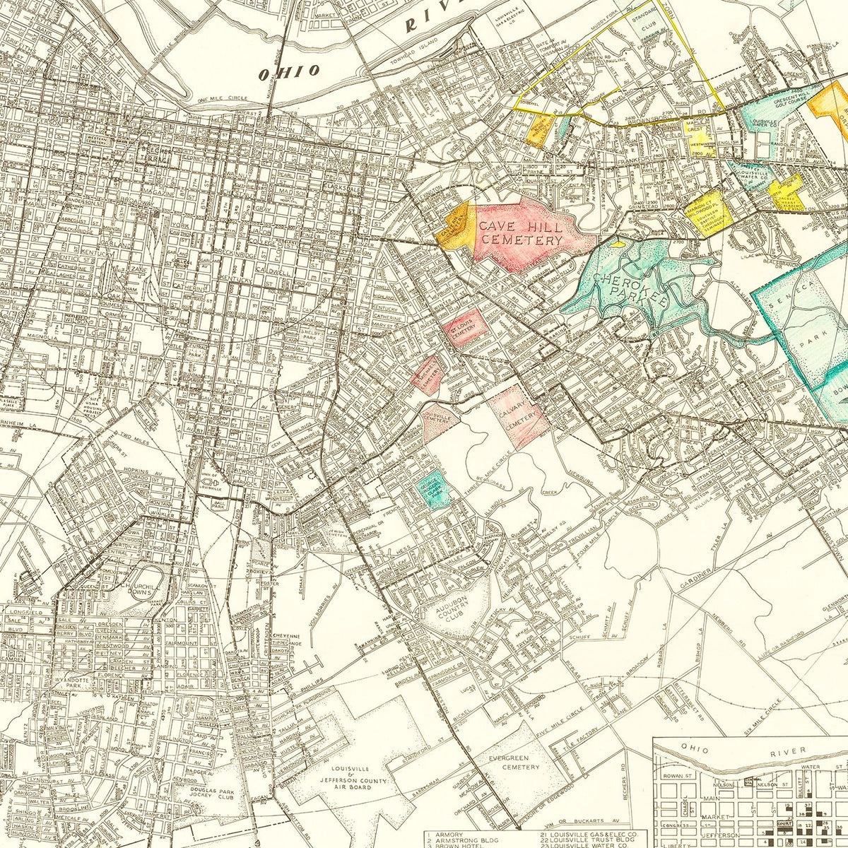 Restored historic details from the 1943 city map of Louisville, Kentucky