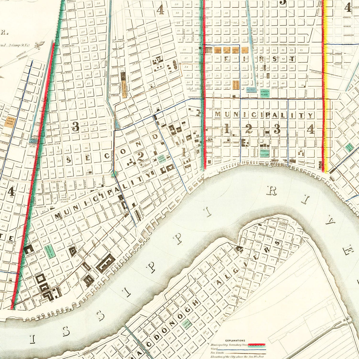 Restored historic details from the 1845 city map of New Orleans, Louisiana