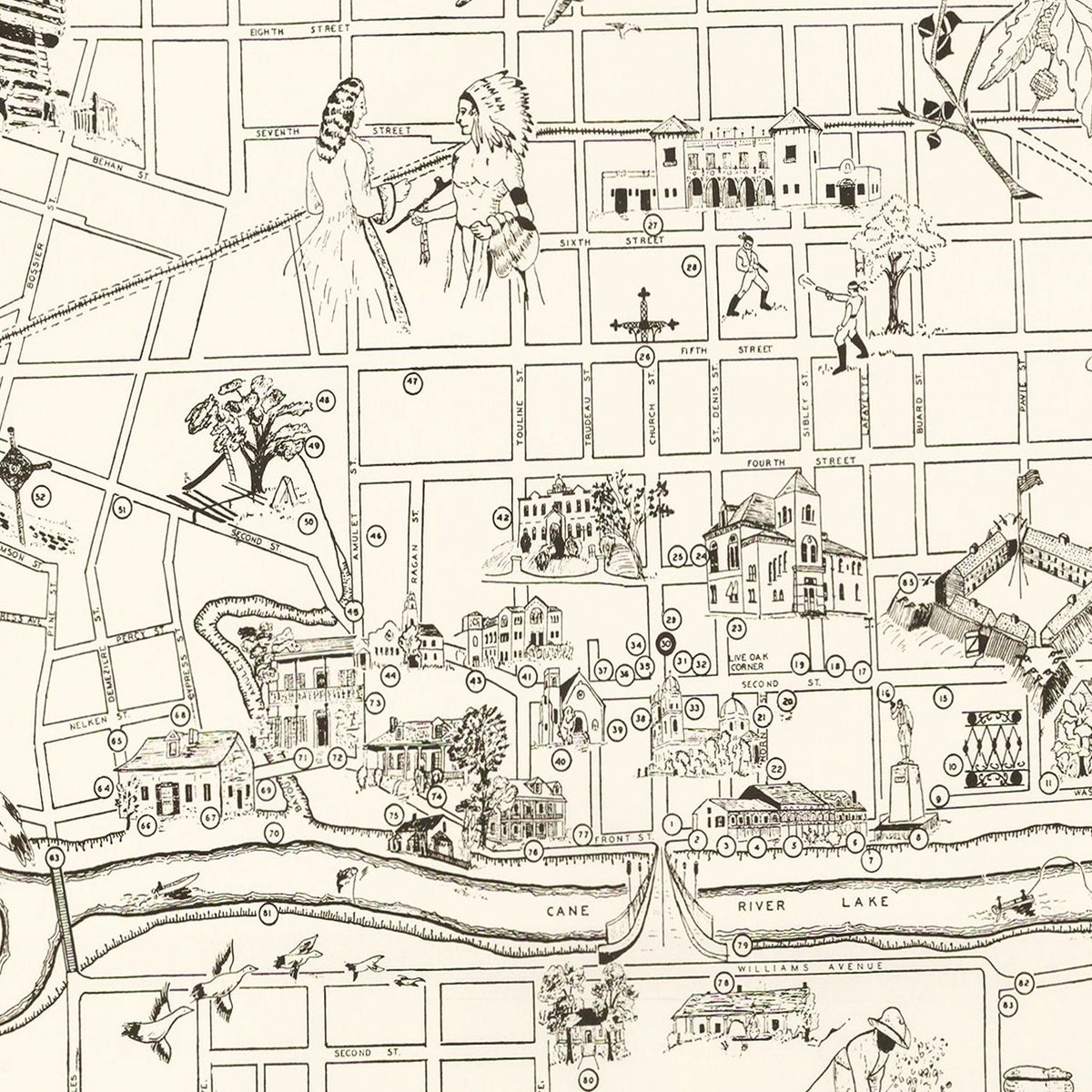 Restored historic details from the 1941 city map of Natchitoches, Louisiana