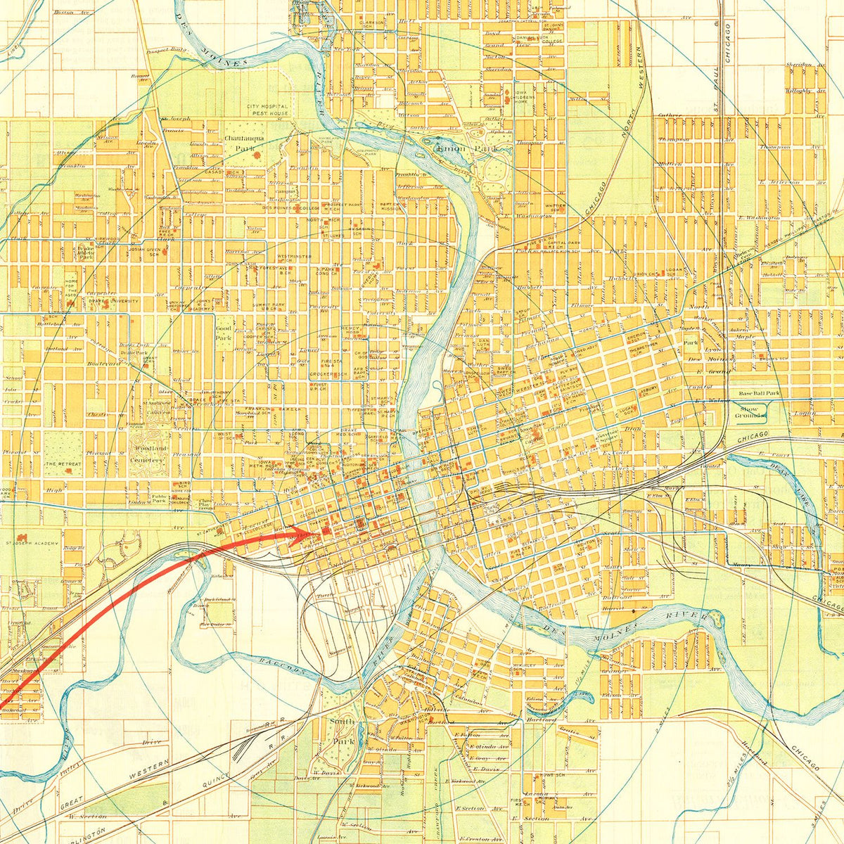 Restored historic details from the 1910 city map of Des Moines, Iowa