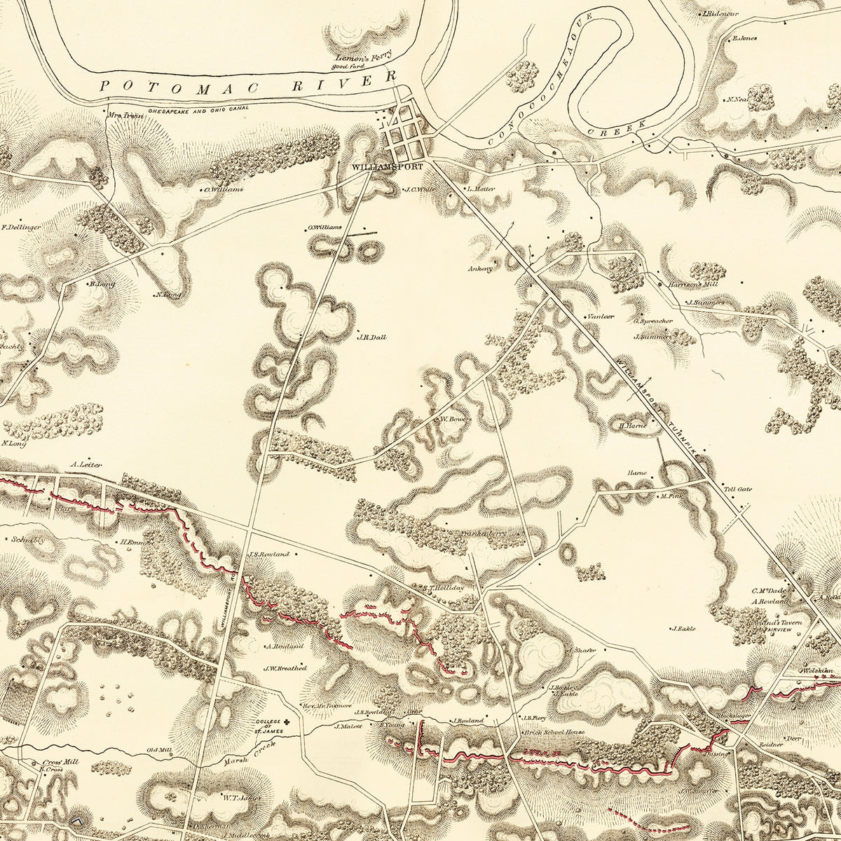 Restored historic details from the 1879 region map of County, Maryland