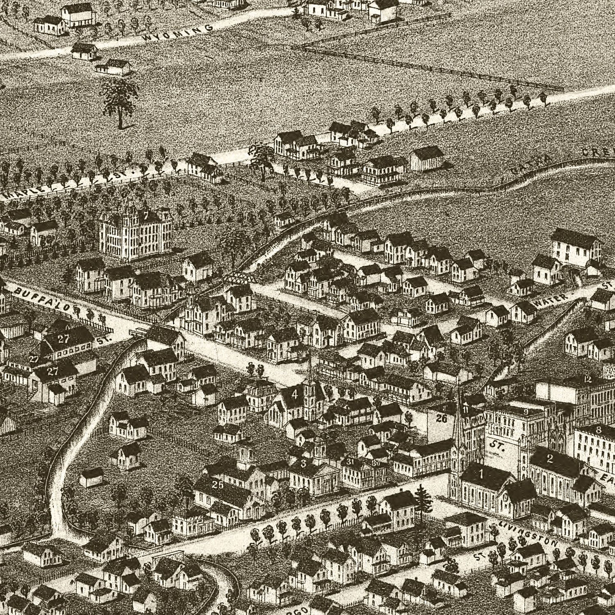 Restored historic details from the 1885 city map of Warsaw, New York