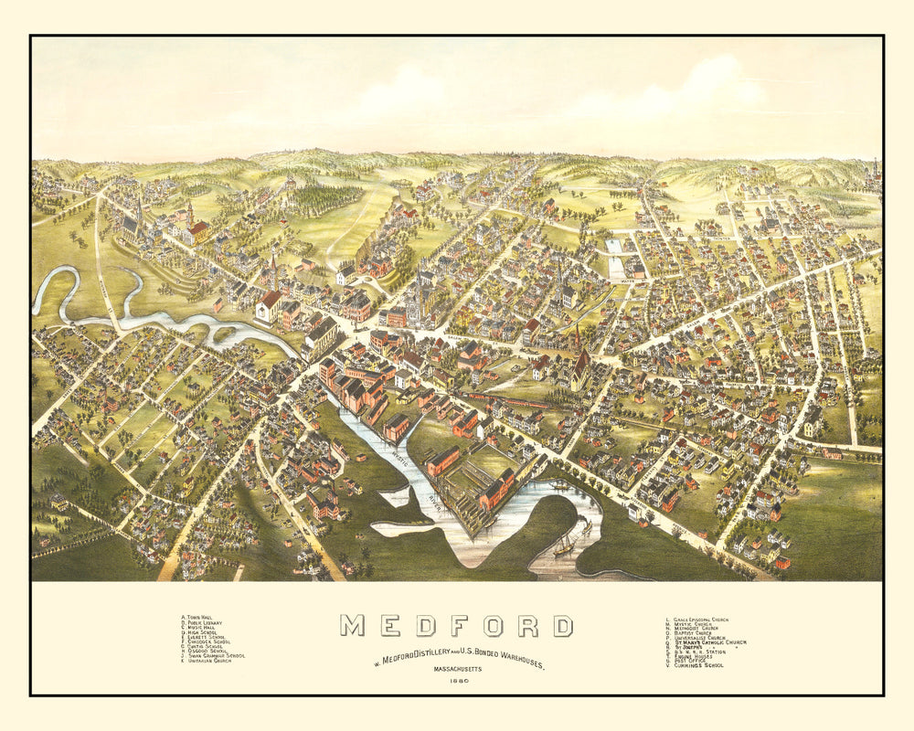 Vintage Map of Medford, Massachusetts 1880 print style example
