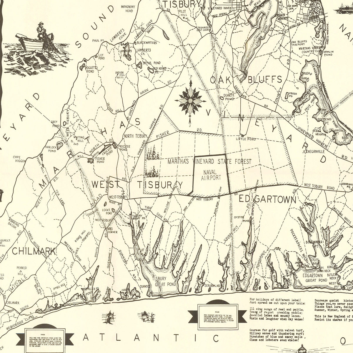 Restored historic details from the 1935 island map of Dukes County, Massachusetts