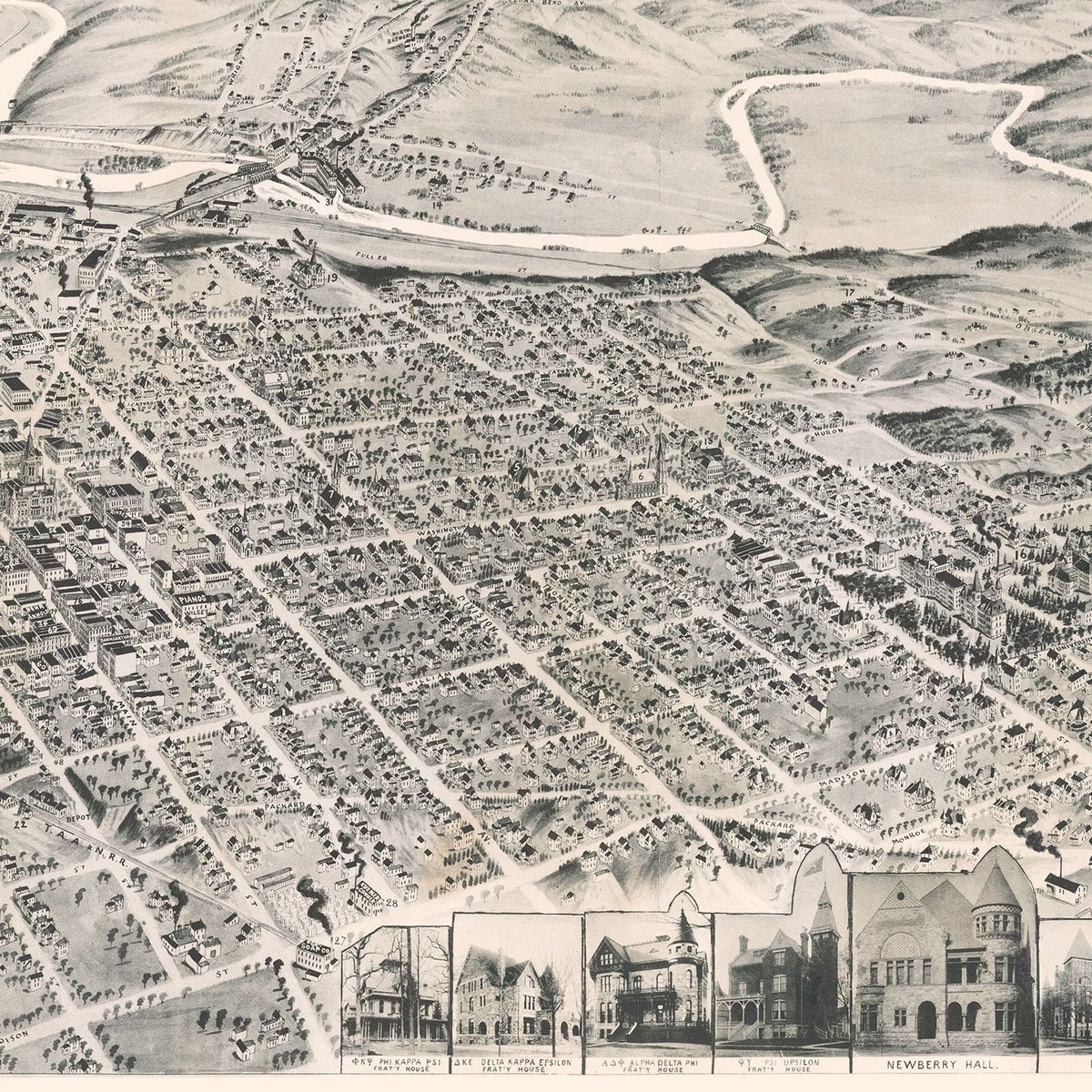 Restored historic details from the 1890 city map of Ann Arbor, Michigan