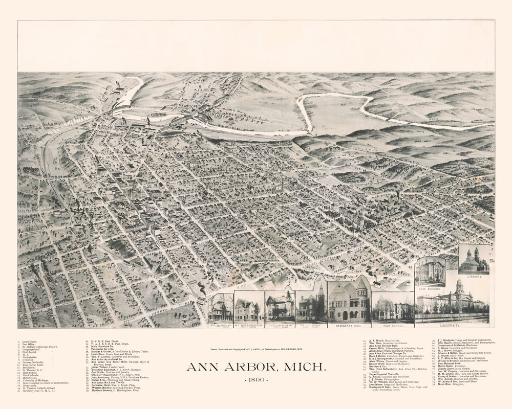 Vintage Map of Ann Arbor, Michigan 1890 print style example
