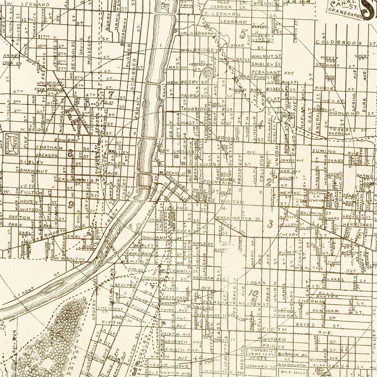 Restored historic details from the 1893 city map of Grand Rapids, Michigan