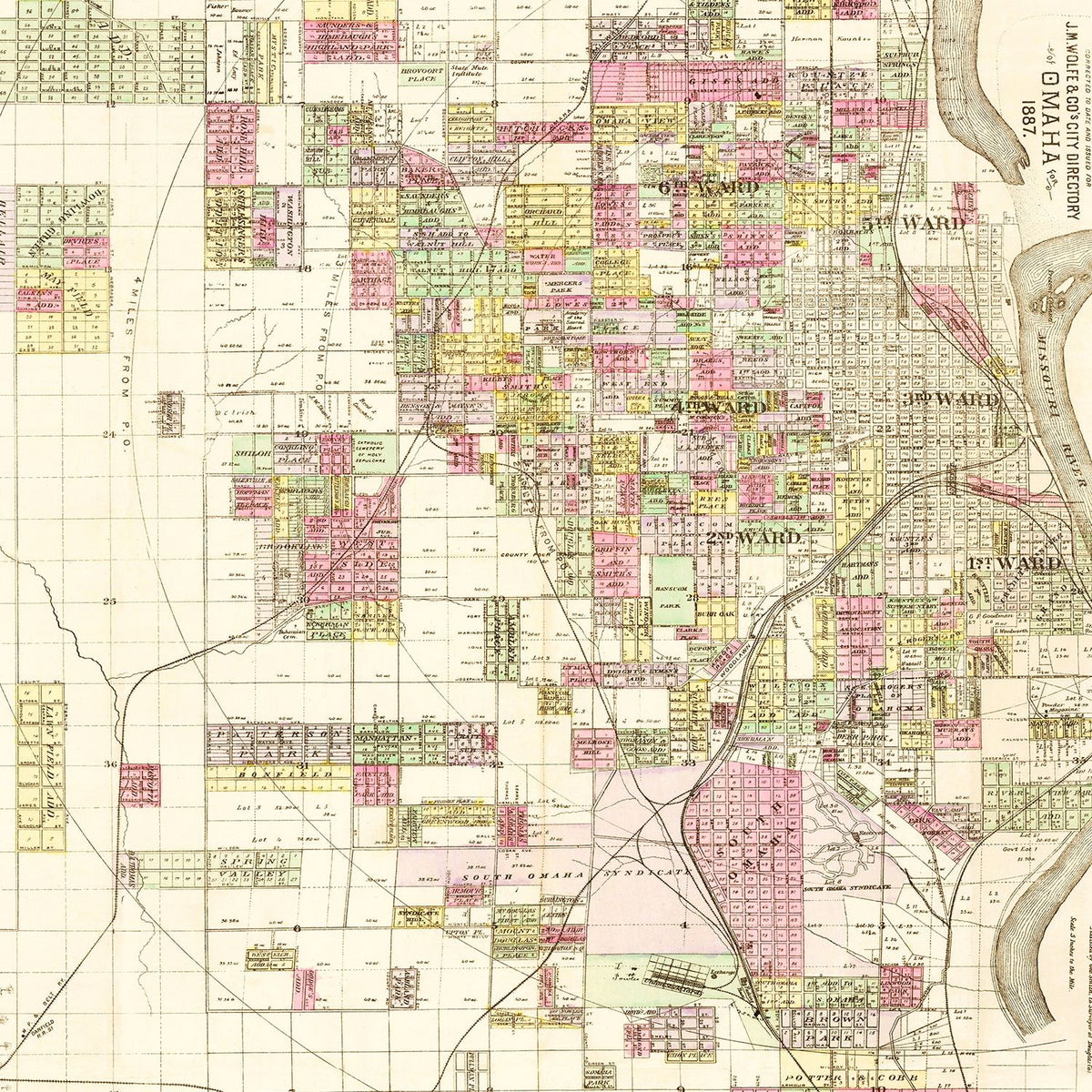 Restored historic details from the 1887 city map of Omaha, Nebraska