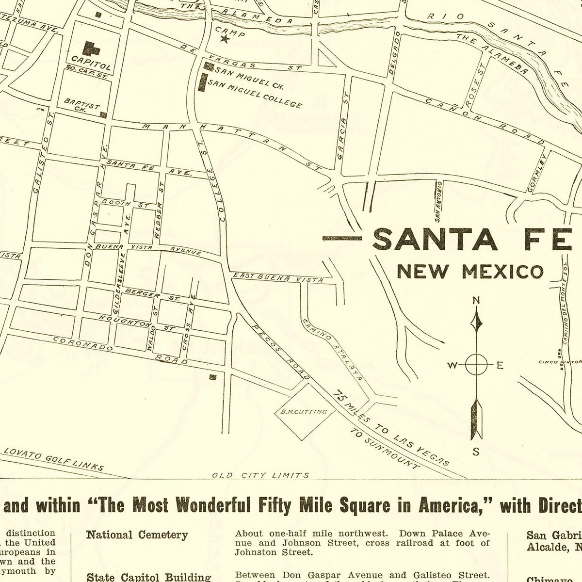 Restored historic details from the 1925 city map of Santa Fe, New Mexico