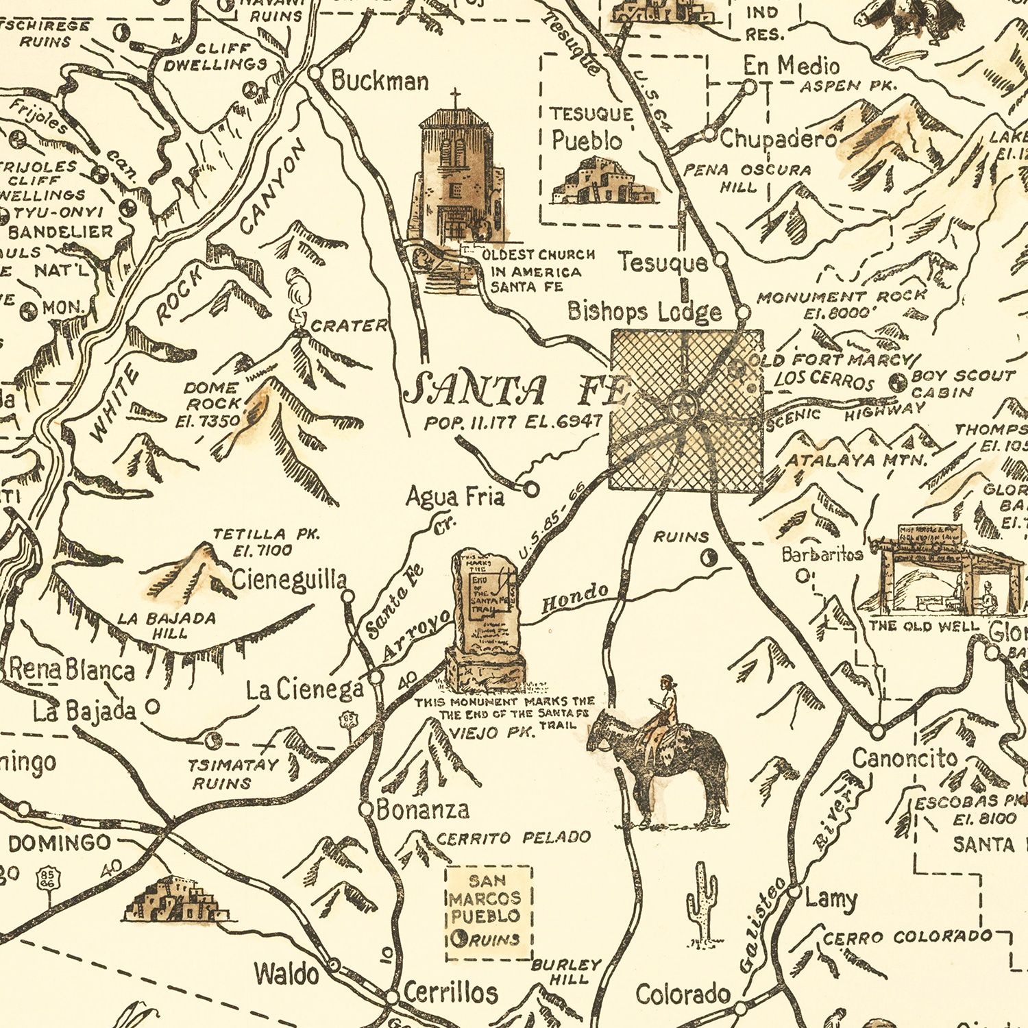 Restored historic details from the 1932 city map of Santa Fe, New Mexico