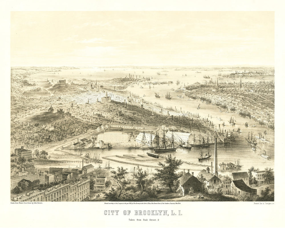 Vintage Map of Brooklyn, New York 1855 print style example