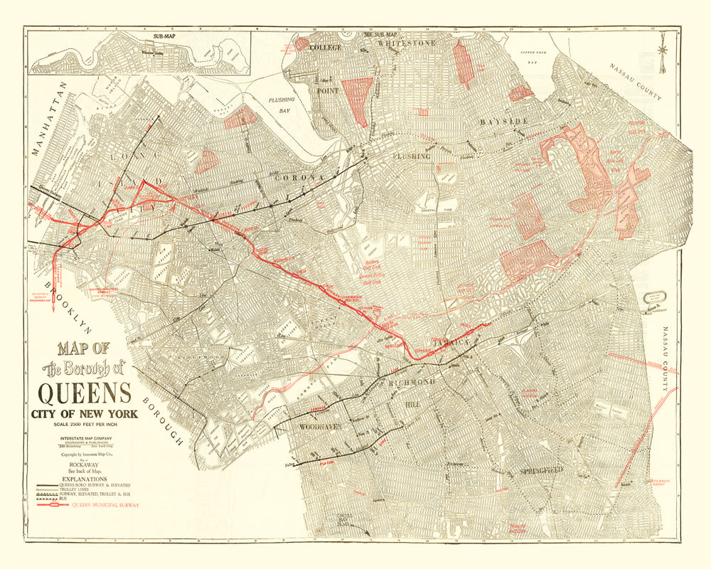 Vintage Map of Queens, New York 1937 print style example
