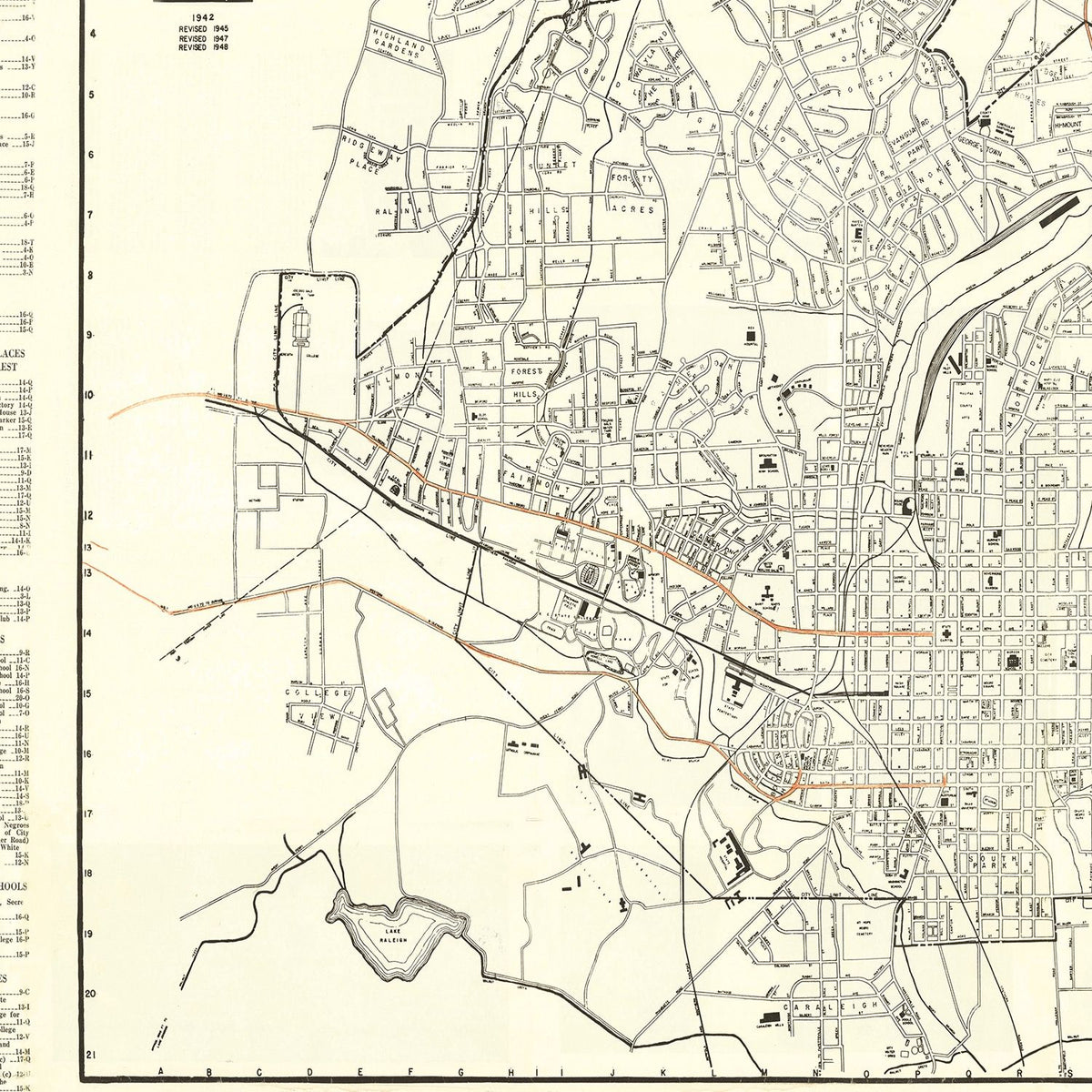 Restored historic details from the 1948 city map of Raleigh, North Carolina